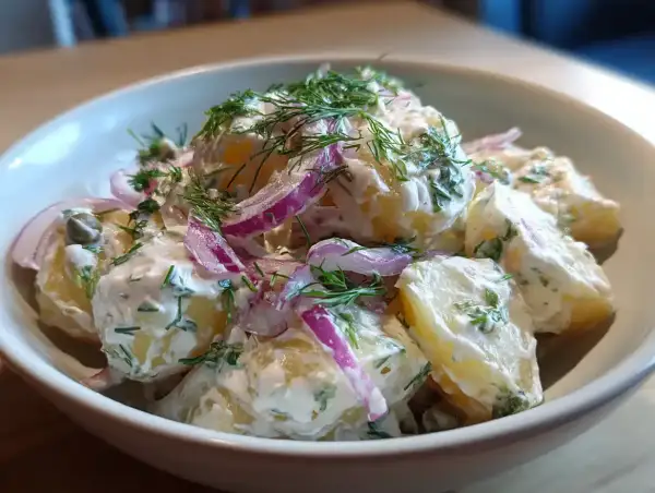 En skål med ljuvlig potatissallad recept, krämig med dill, rödlök och kapris. Perfekt till grillat!