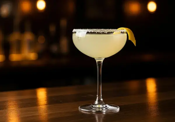 En elegant lemon martini med saltkant och citronskal på en träbar.