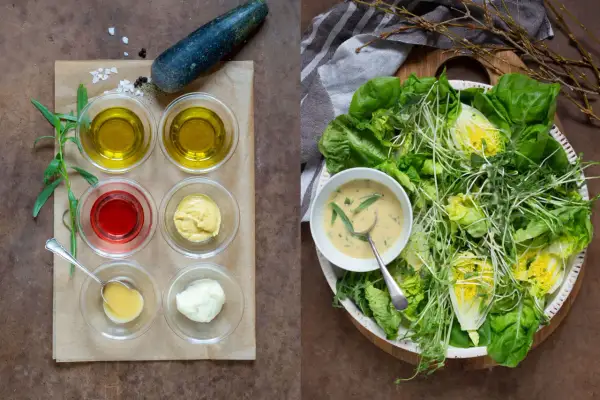 Ingredienser för dressing till sallad: olivolja, vinäger, senap, majonnäs och örter. En fräsch sallad med gröna blad och groddar.