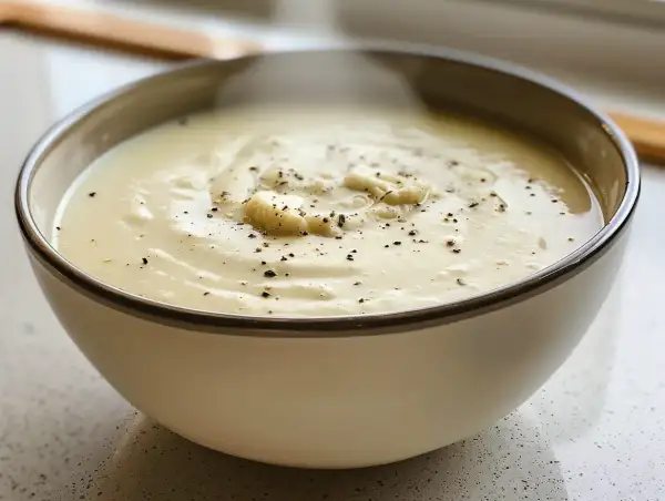 Krämig blomkålssoppa, perfekt för ett värmande blomkålssoppa recept. Toppad med peppar och små blomkålsbitar.