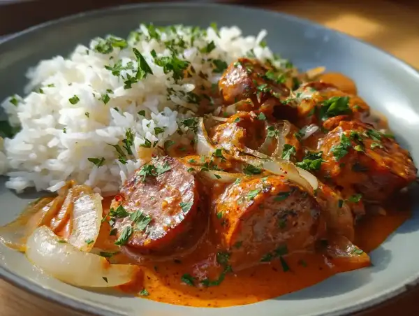 En portion godaste korv stroganoff med ris och persilja. En krämig sås med korvbitar och lök, serverad med fluffigt ris.