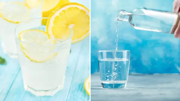 Frisk lemonad med citronskivor och is, samt en flaska som hälls upp sodavatten till drinkar.