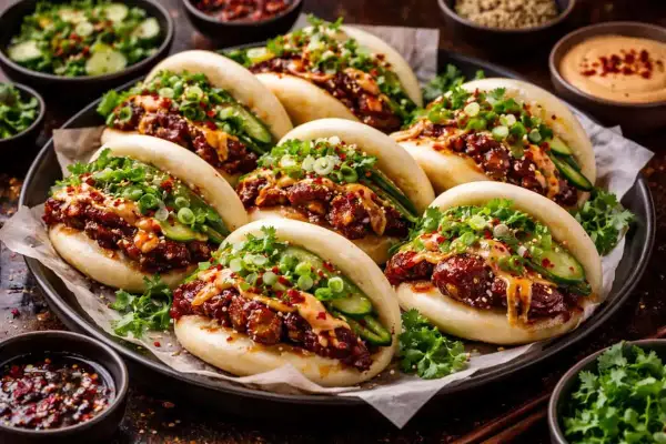Läckra bao buns med fyllning av kött, gurka och grönsaker. Ett perfekt bao buns recept för en smakrik måltid.