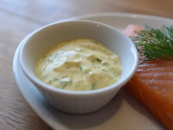 Krämig hjortronsås till lax, med dill och senapsfrön. En perfekt kombination för en lyxig måltid.
