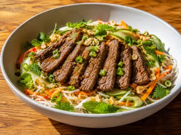 En läcker asiatisk biffsallad med tunt skivad biff, nudlar, gurka, morötter, mynta och jordnötter i en skål.